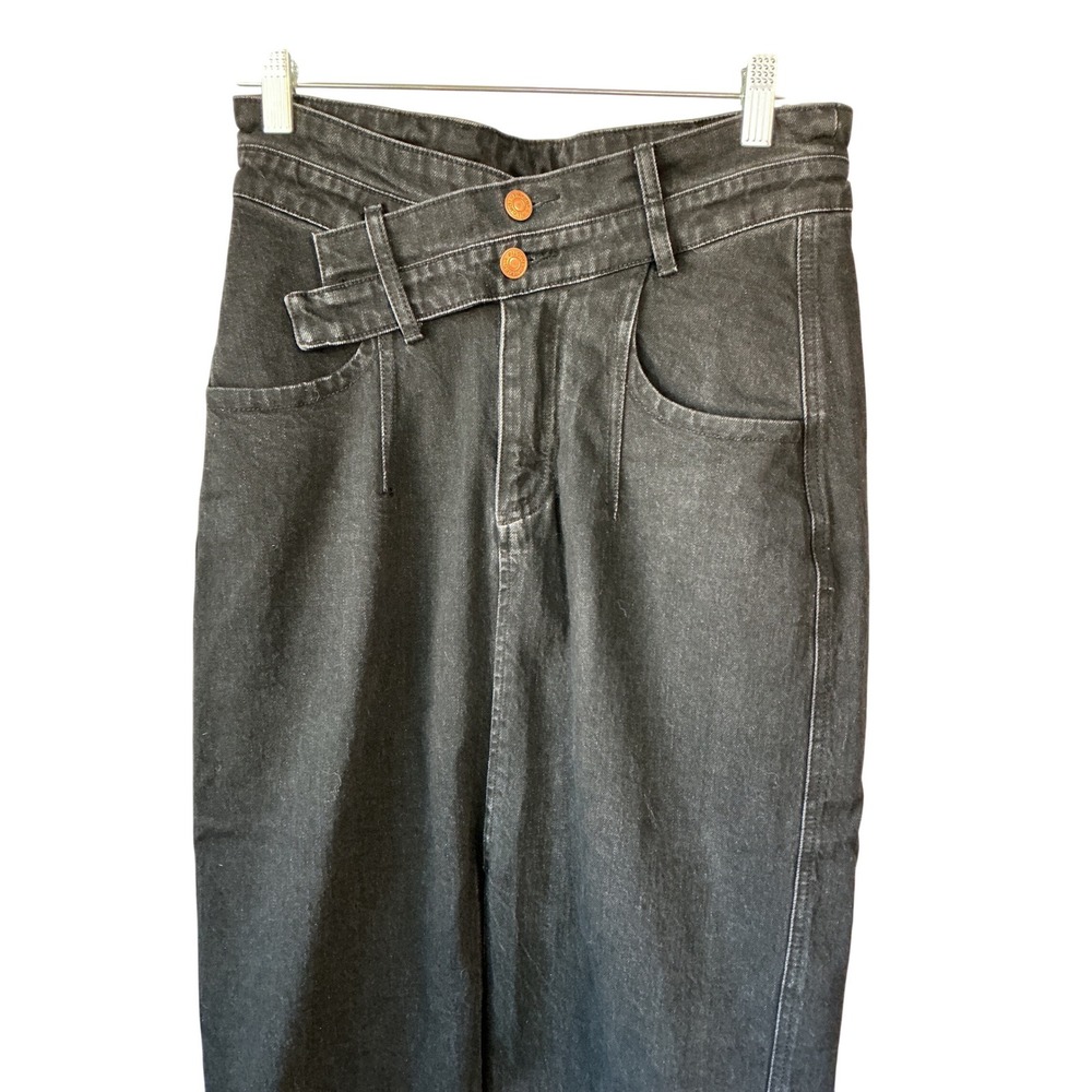 Pilcro Black Denim Midi Skirt Asymmetrical Crossover Waist High Rise Sz 30/6 - Picture 5 of 13